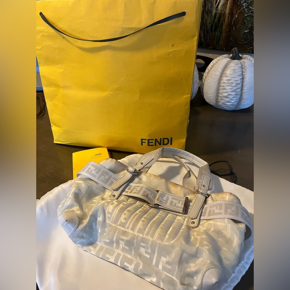 FENDI white Zucca canvas shoulder tote